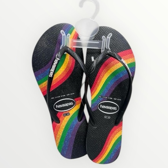 Havaianas Rainbow Pattern Black Straps Flip-Flops Brazil US 11/12W 9/10M - Picture 1 of 6